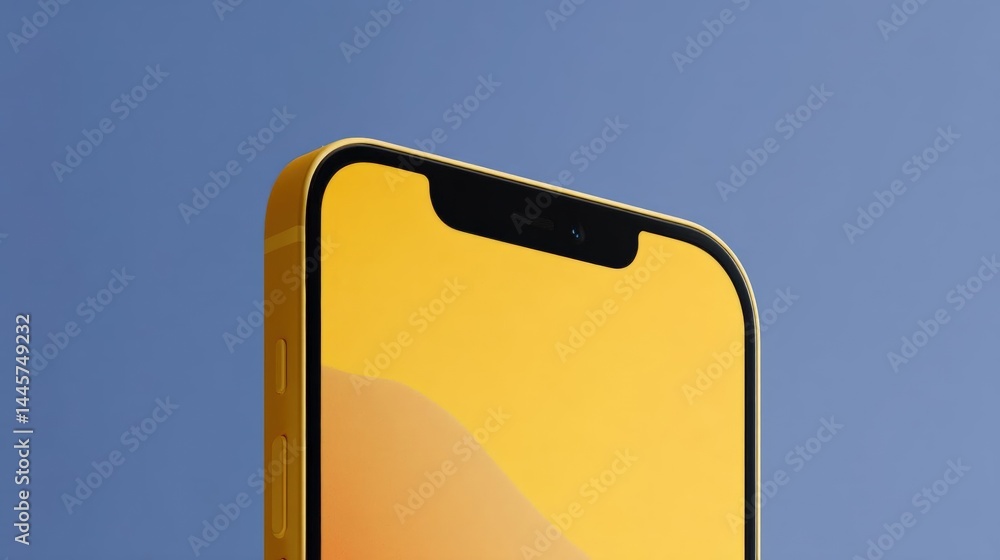 Poster close-up of a smartphone with a yellow screen. the phone is facing towards the right side of the ima