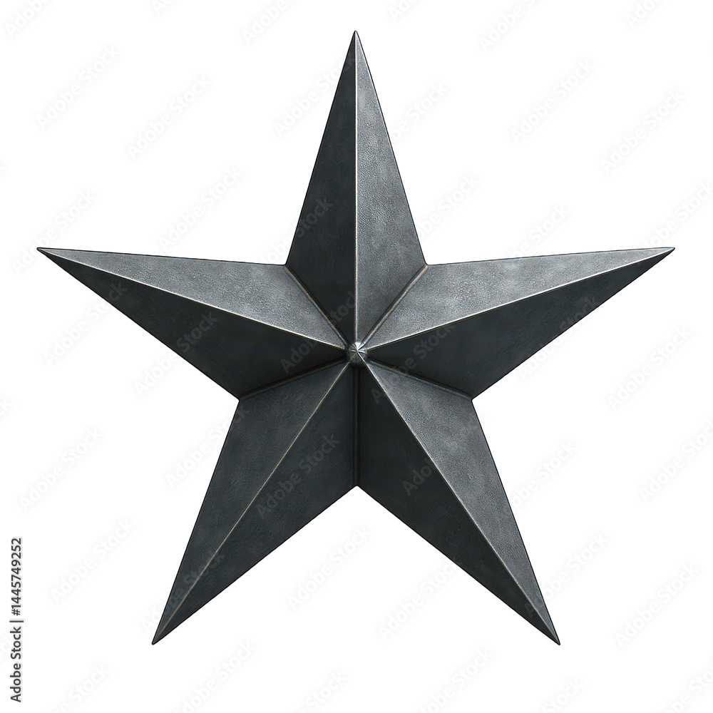 Poster a bold geometric dark grey five-pointed star with a rough textured metallic surface and sharp, defin