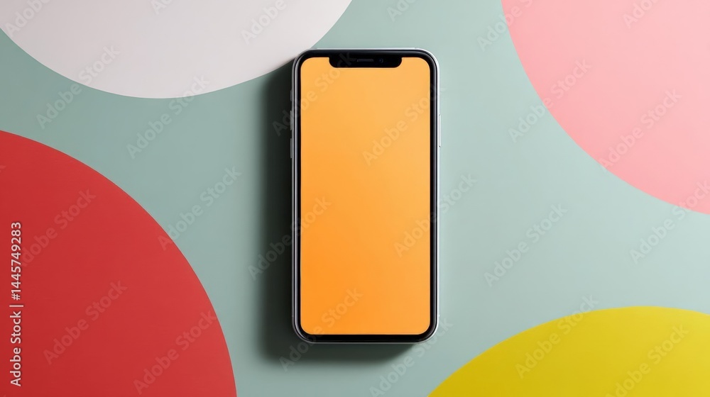 Poster smartphone with an orange screen on a colorful background. the phone is in the center of the image a