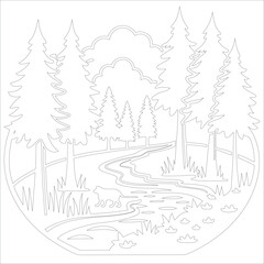 Obraz premium Hand-drawn vector landscape for coloring book layered illustration design