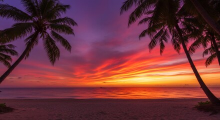 Palm Trees Silhouetted Against Dramatic Sunset Sky Over Sandy Beach