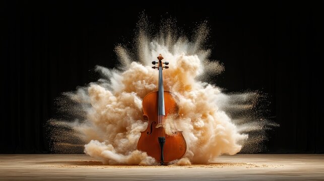 A captivating cello is surrounded by an explosion of sand particles, creating a dynamic visual representation of the connection between music and various artistic expressions.