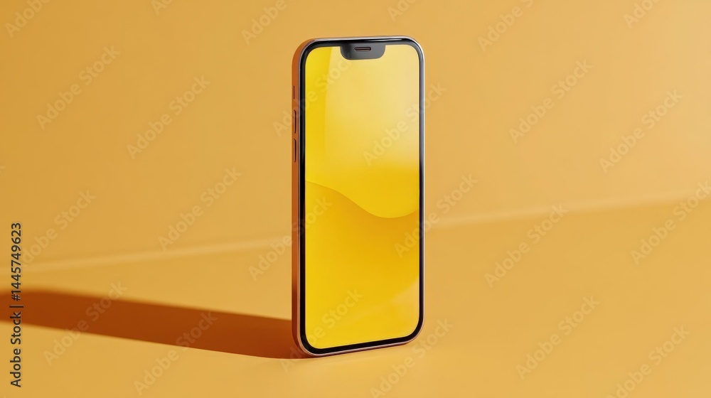 Poster 3d rendering of a smartphone with a yellow screen. the phone is positioned in the center of the imag