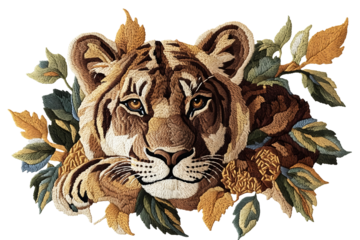 embroidered tiger face with golden leaves wildlife textile illustration isolated png transparent cutout