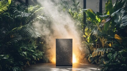 Illuminated Concrete Block Amidst Lush Greenery