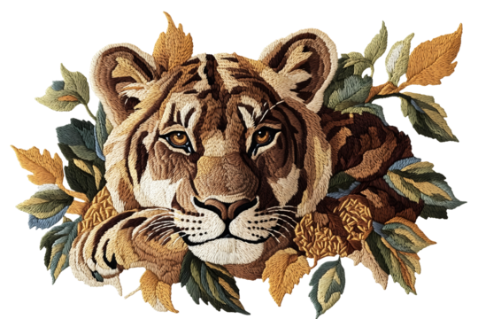 embroidered tiger face with golden leaves wildlife textile illustration isolated png transparent cutout - Powered by Adobe