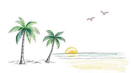 Tropical Sunset Paradise: Artistic Illustration of Palm Trees and Ocean Waves at Seaside Vacation Destination