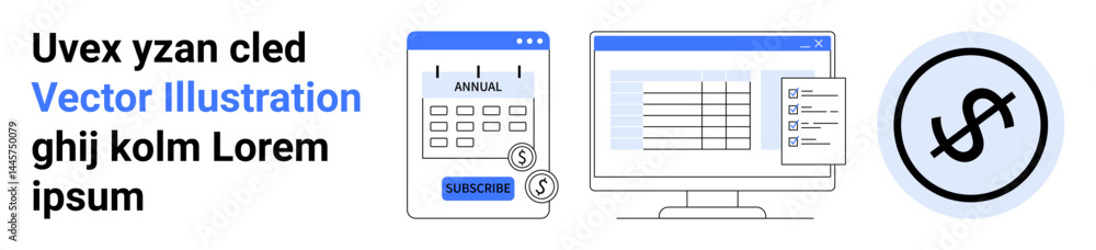 Aufkleber calendar with annual calculation, computer screen displaying data chart, dollar sign in circle. idea
