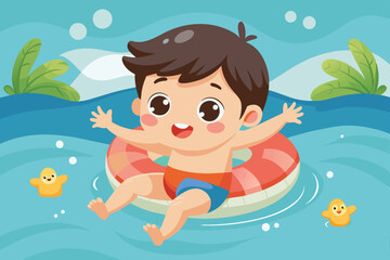 A cheerful boy plays in a bright pool, floating on a red and white inflatable ring, surrounded by yellow rubber ducks, enjoying a fun summer day.