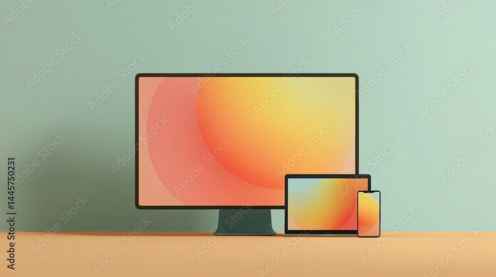 Poster desktop computer monitor, a tablet and a smartphone on a light green background. the monitor is on t
