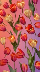 Fototapeta premium Vibrant multicolored tulips with green leaves on a pastel pink background creating a bright floral pattern perfect for sp and garden themes