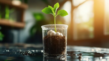 A striking image of a single green plant sprouting from multiple bulbs in a transparent container, highlighting the essence of growth and nature under natural light.