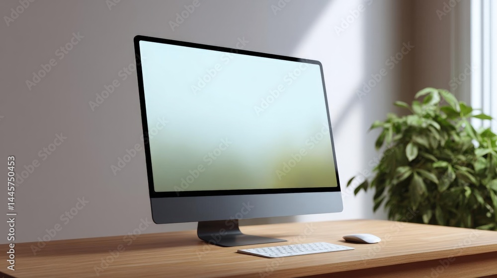 Poster desktop computer monitor on a wooden desk. the monitor is turned on and the screen is blank, with a 