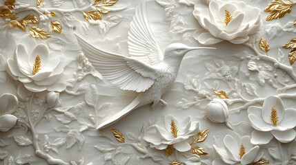 Ornate white relief sculpture of a hummingbird amidst floral designs.