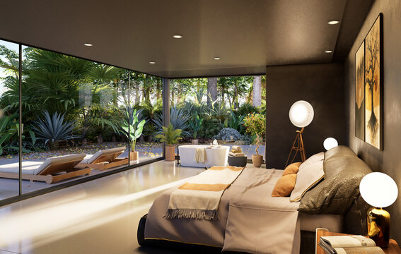 3D render of a stylish hotel suite with a round bathrub