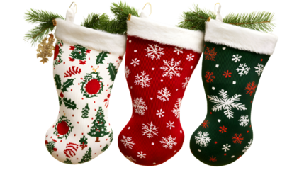 Festive Christmas Stockings in Red, White, and Green with Decorations