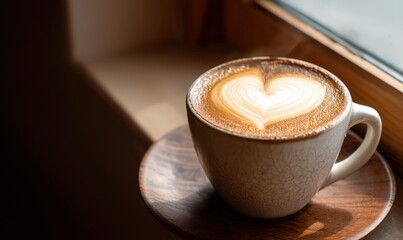 Enjoy Coffee with Heart Latte Art and Drink Smooth Cream in Sunlight Morning for Relaxing Mood