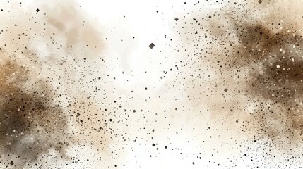 Abstract explosion of brown and beige dust particles scattered across a bright background creating a dynamic and textured visual effect suitable for design projects