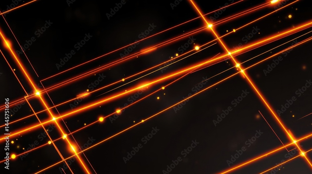 Poster glowing orange lines intersect on a dark background, creating a dynamic, energetic visual effect wit