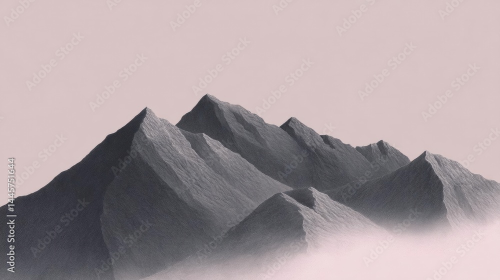 Poster black and white photograph of a mountain range. the mountains are covered in a layer of fog or mist,