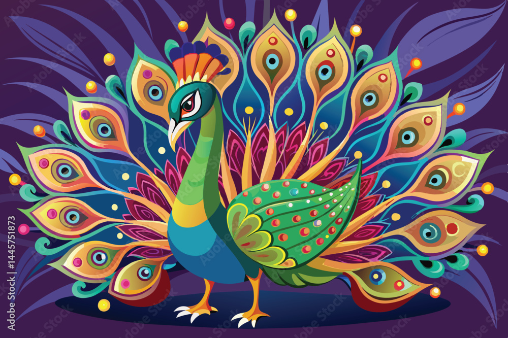 Poster the peacock stands proudly, its magnificent feathers elegantly splayed in a burst of colors and patt