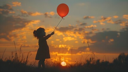 Silhouette of child reaching for floating balloon, upward motion