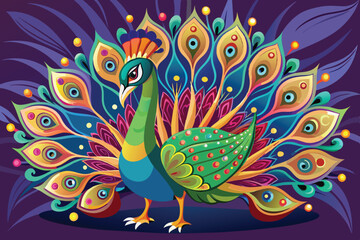 Fototapeta premium The peacock stands proudly, its magnificent feathers elegantly splayed in a burst of colors and patterns, creating a stunning visual display full of artistic flair.