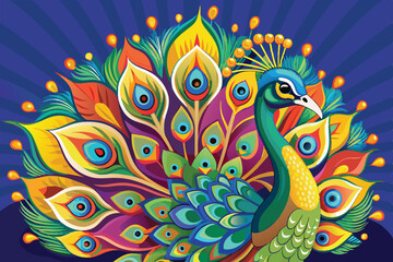 Obraz premium A peacock proudly fanning its strikingly colorful tail feathers, highlighting the vibrant patterns of blue, green, and orange in a radiant display.