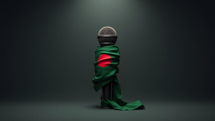 The Bangladesh flag gags a microphone, symbolizing suppressed voices. Dark, moody lighting amplifies the sense of control and resistance.