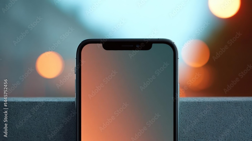 Poster close-up of an smartphone x with a black screen. the phone is placed on a gray surface with a blurre