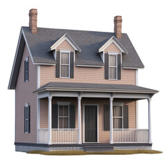 Obraz premium Charming traditional two-story house with front porch dormer roof and neutral exterior siding perfect for family residence or real estate showcase