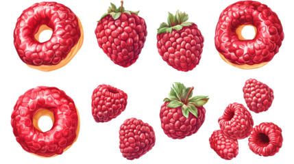 Vibrant Raspberry Donuts in Flat Illustration Style on Transparent Background