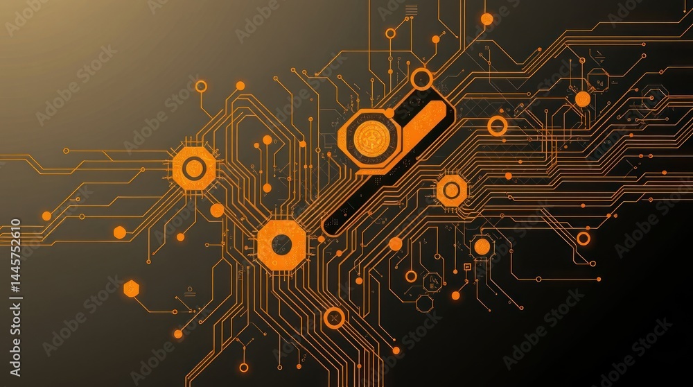 Poster abstract digital circuit board artwork with orange glowing lines and hexagons on dark background