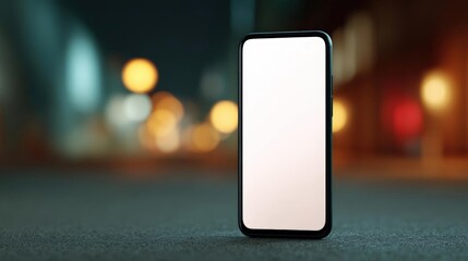 Black smartphone with a blank white screen lying on a grey surface. the background is blurred, but it appears to be a city street at night with colorful lights.