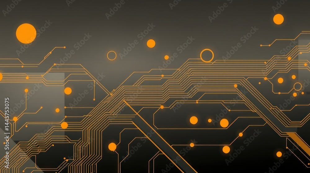 Poster abstract digital circuit board design with orange glowing nodes on dark background