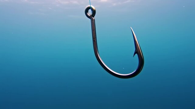 Single Fishing Hook Hanging Underwater in Clear Blue Sea