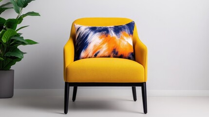 Mustard yellow armchair with vibrant tie-dye pillow