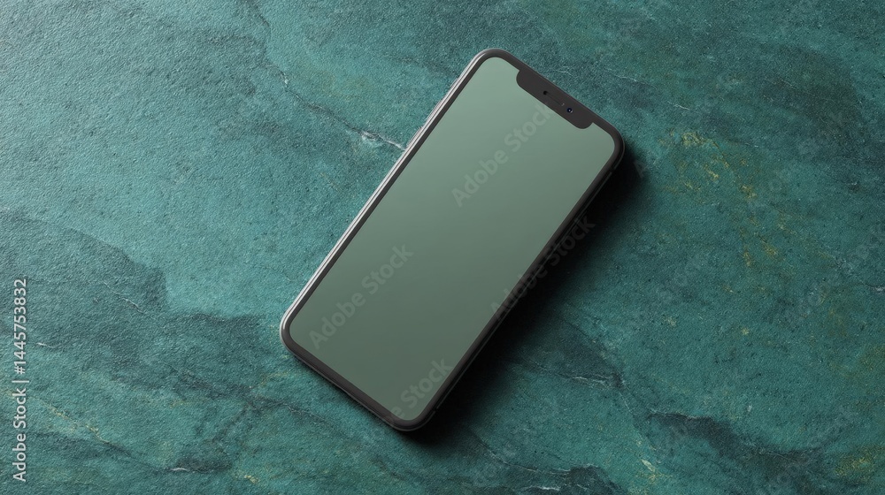 Poster smartphone lying on a textured surface. the phone is black in color and has a large screen. the back