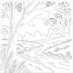 Hand-drawn vector landscape for coloring book layered illustration design