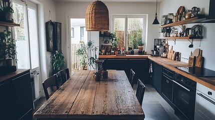 A minimalist dining area with wooden dining furniture


