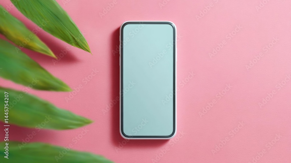 Poster smartphone with a blank screen on a pink background. the phone is positioned in the center of the im