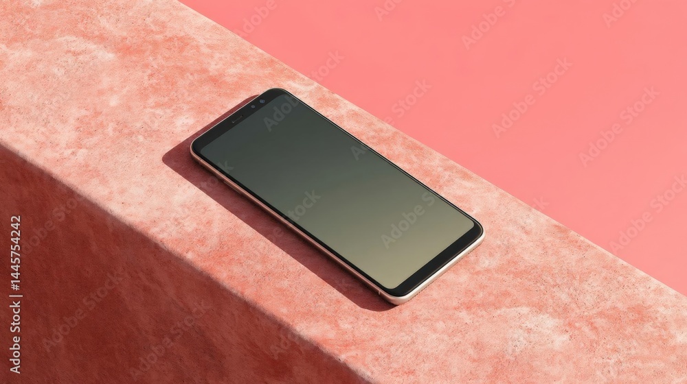 Aufkleber smartphone lying on a pink surface. the phone is black in color and has a large screen. it appears t