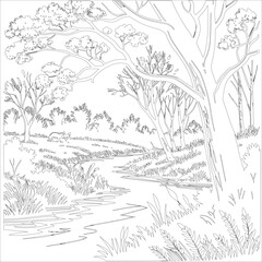 Obraz premium Hand-drawn vector landscape for coloring book layered illustration design