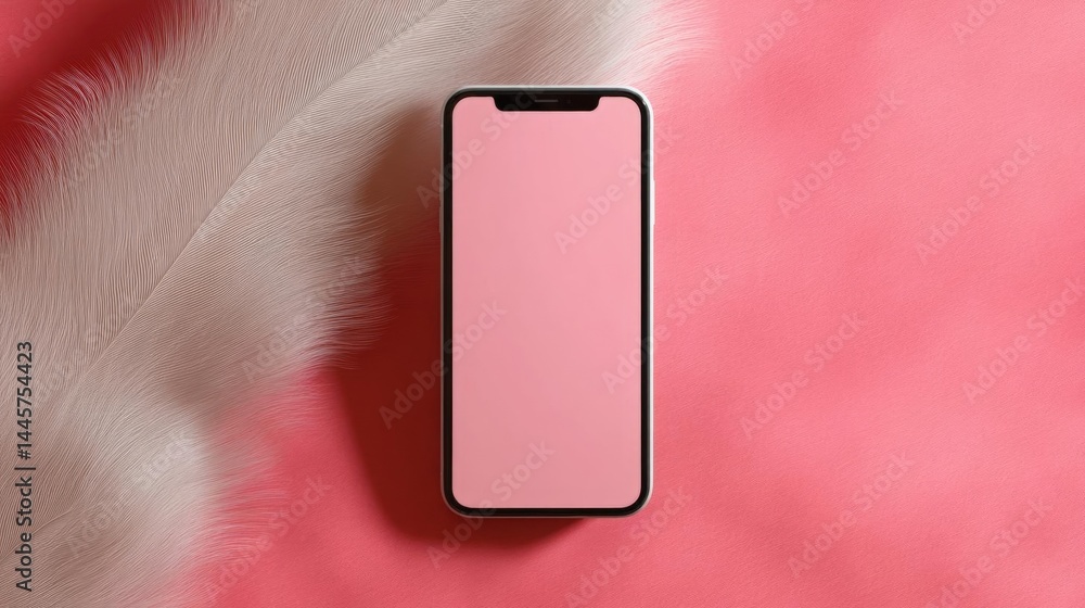 Aufkleber flat lay of a smartphone with a pink screen on a pink background. the phone is positioned in the cen
