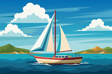 A sailboat glides smoothly across serene waters, framed by gentle mountains and fluffy clouds under a clear blue sky, capturing a perfect day for sailing.