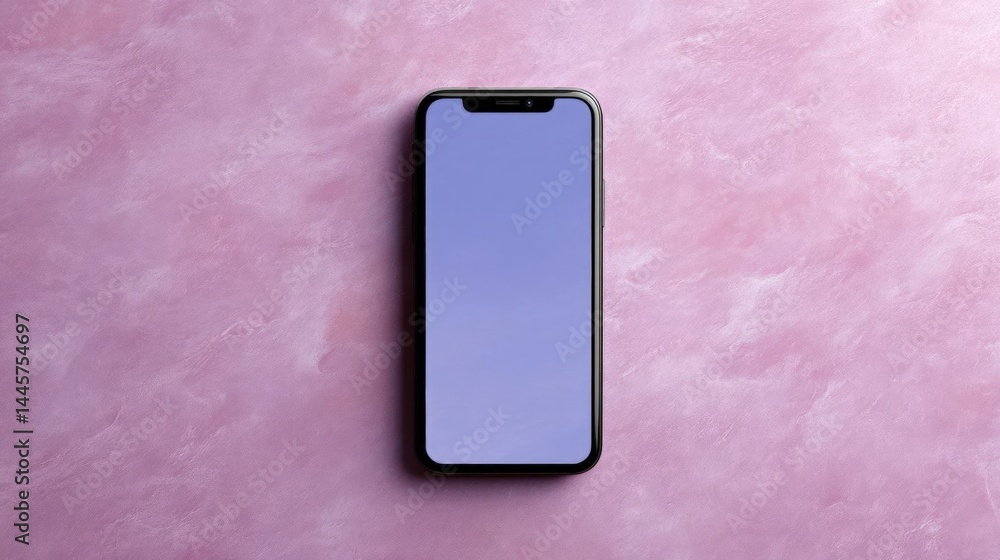 Poster flat lay of a black smartphone with a blank screen on a pink background. the phone is positioned in 