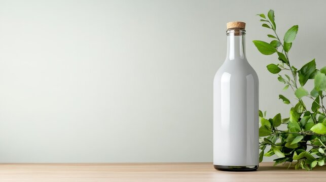 A contemporary milk bottle placed elegantly against a soft green backdrop, enhancing the feeling of calmness and promoting the idea of health and wellness.