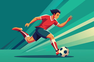 A skilled athlete runs swiftly while dribbling a soccer ball, showcasing agility and focus in a bright, colorful environment, perfect for an energetic game.
