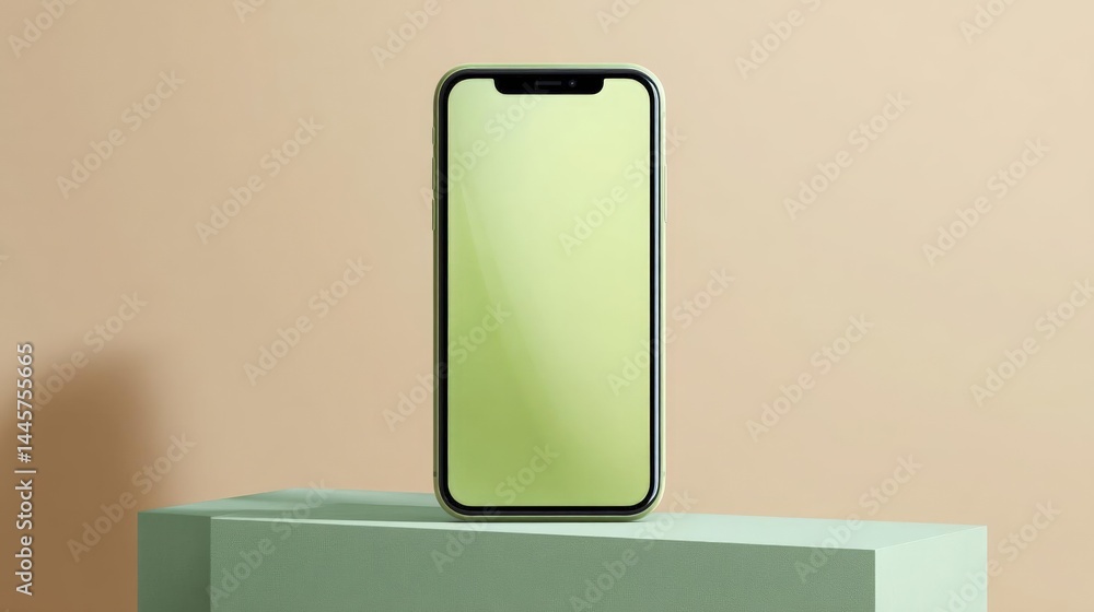Poster smartphone with a green screen sitting on top of a light green pedestal. the phone is positioned in 