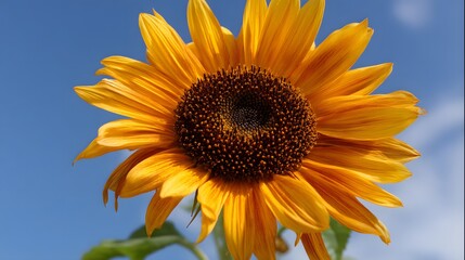Obraz premium A close up of a sunflower with yellow petals and a dark brown center against a blue sky backdrop